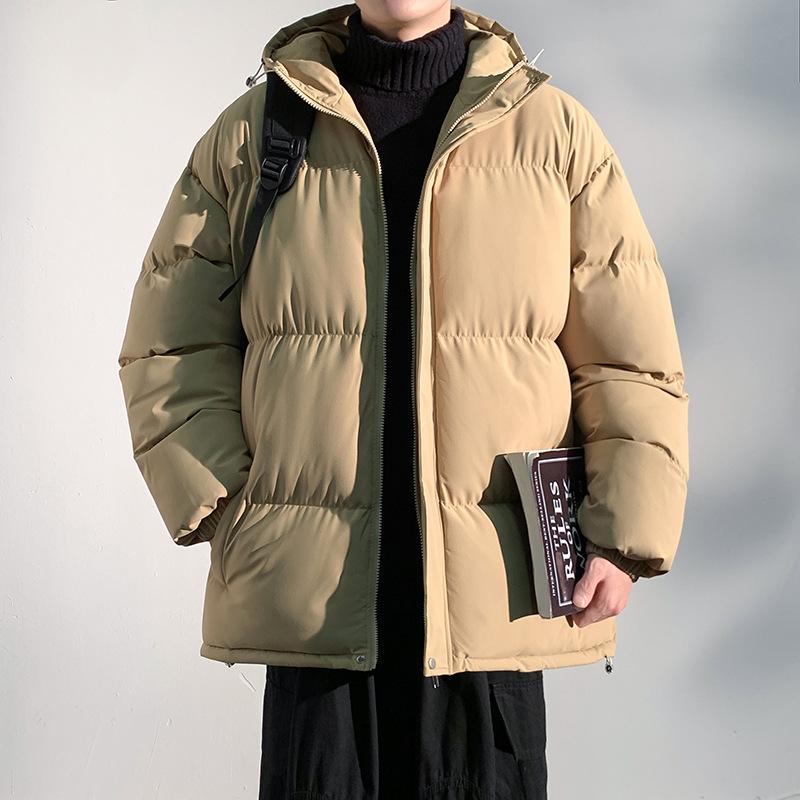 Cotton clothes men's winter thickened loose solid color windproof warm hooded casual down cotton bread clothes trendy brand jacket