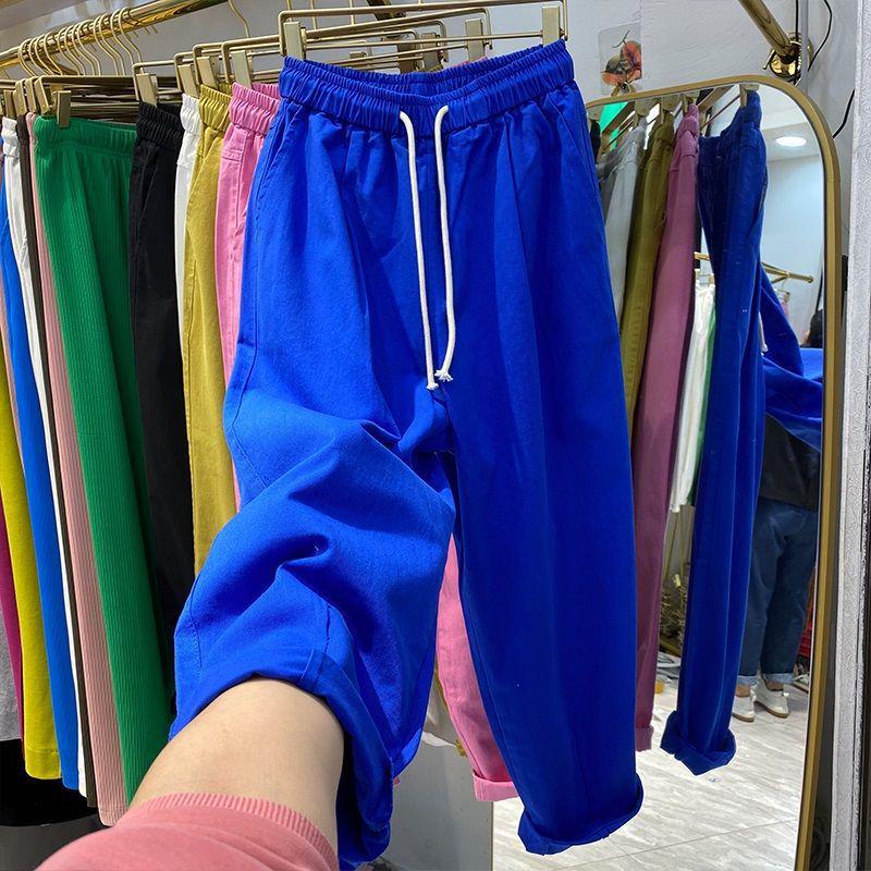 Women's Summer High-Waist Cotton Cropped Pants - Slimming, Harajuku Style, Plus Size, Elastic Waist, Lightweight Casual Wear