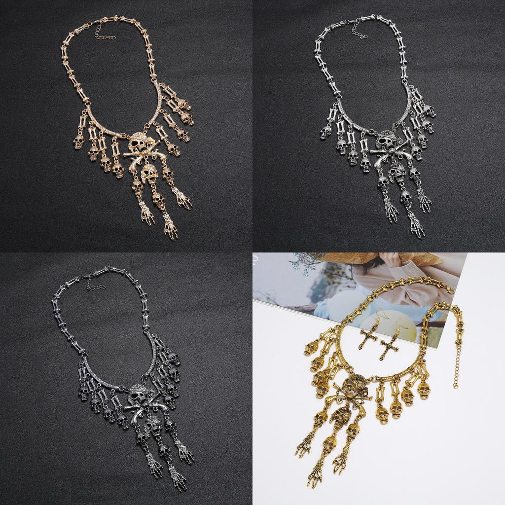 Skull Geometric Vintage Pendant Necklace With Tassel Chain For Gothic Punk Fans