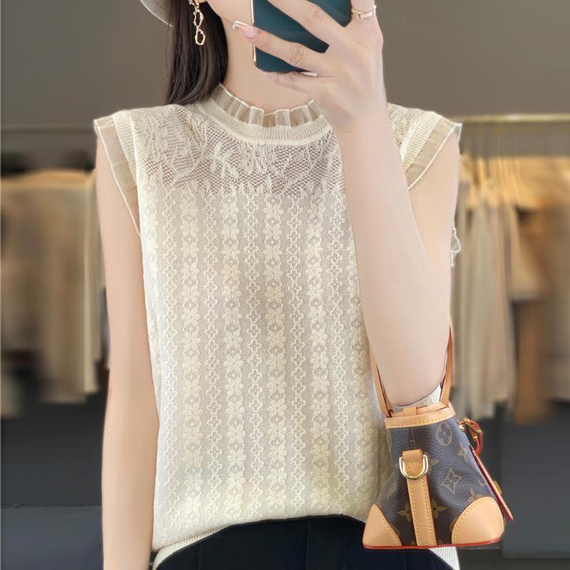 Women T-shirt Vest Wool Tank Summer Knitted T-shirt Sleeveless Basic Tees Knit Top O-neck Female
