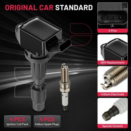 4Pack Ignition Coil & Spark Plug For 2015-2017 Hyundai Sonata Kia Optima UF764