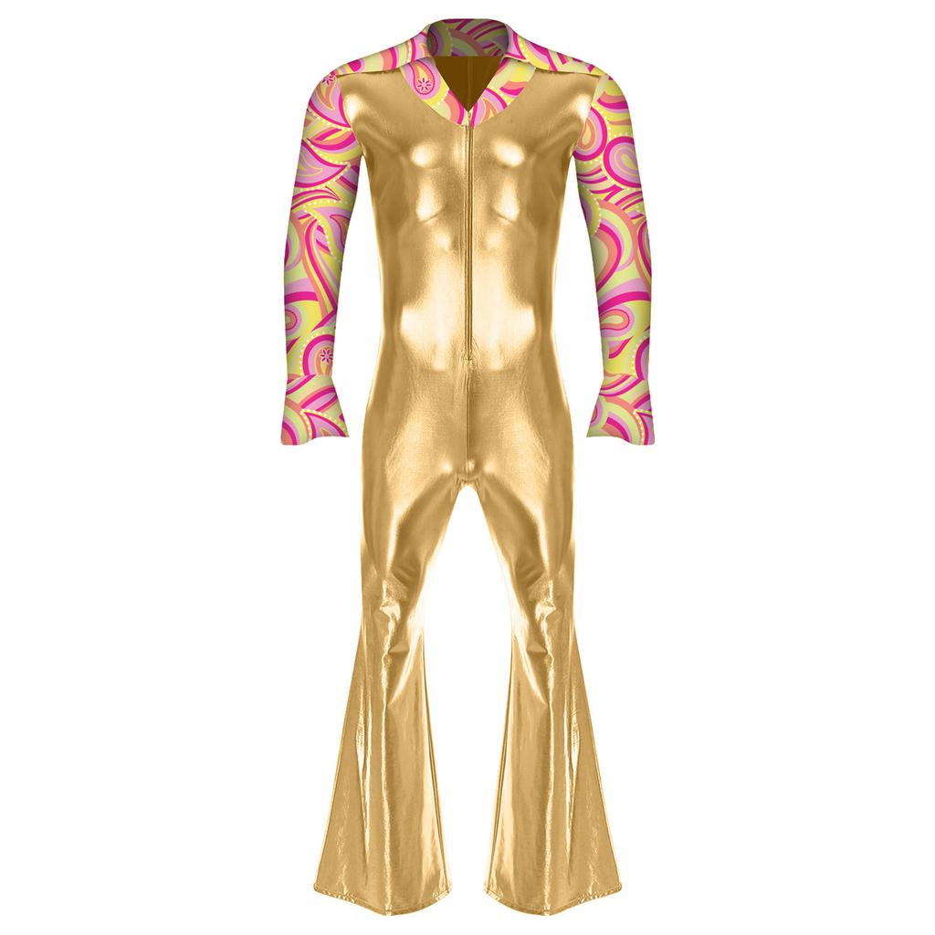 Mens Hippie Rompers Lapel V Neck Flare Long Sleeve Split Cuffs Bell Bottom Pants Jumpsuit