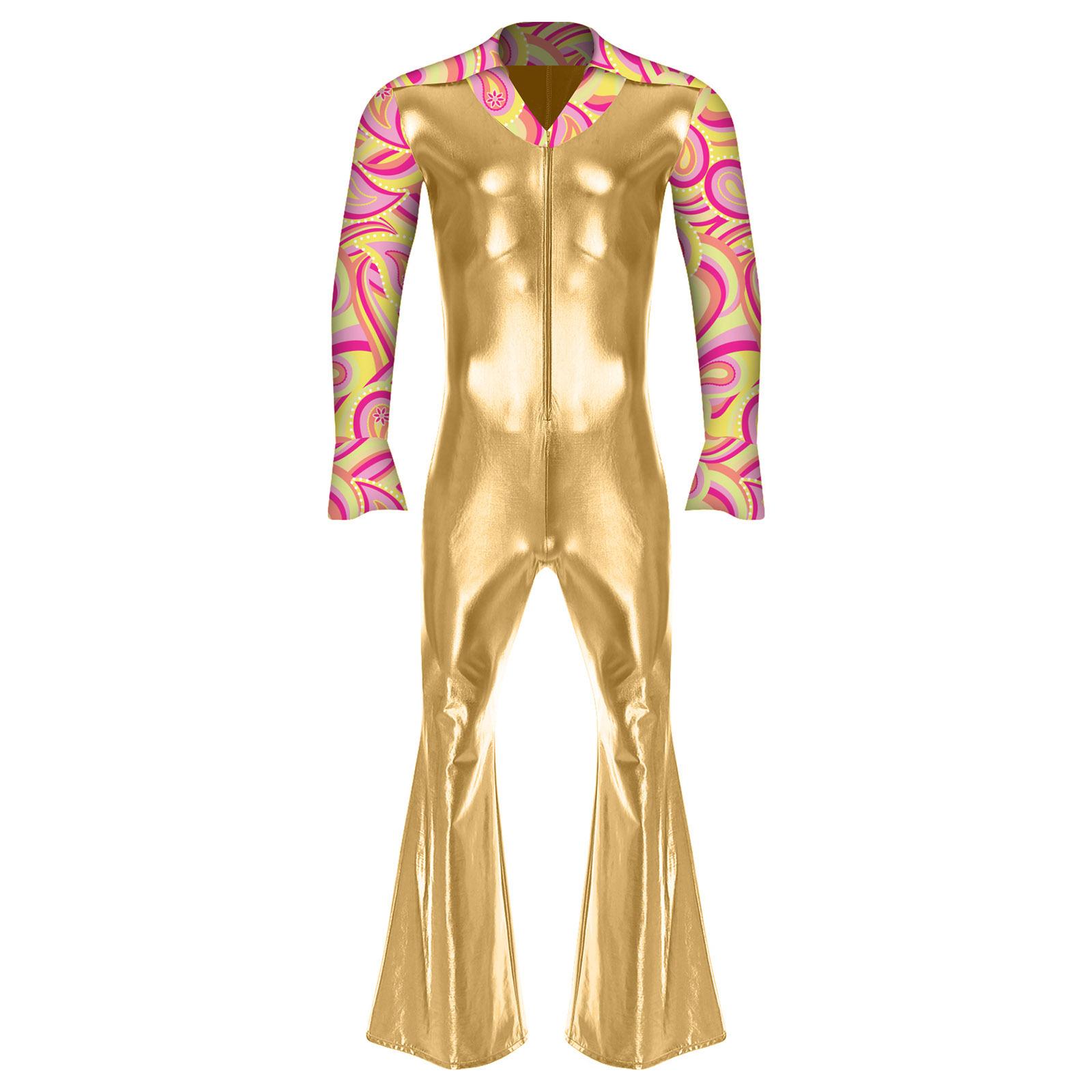 

Чоловічий комбінезон у стилі хіпі з лацканами, V-подібним вирізом, розкльошеними довгими рукавами з розрізами на манжетах, штанами-кльош S