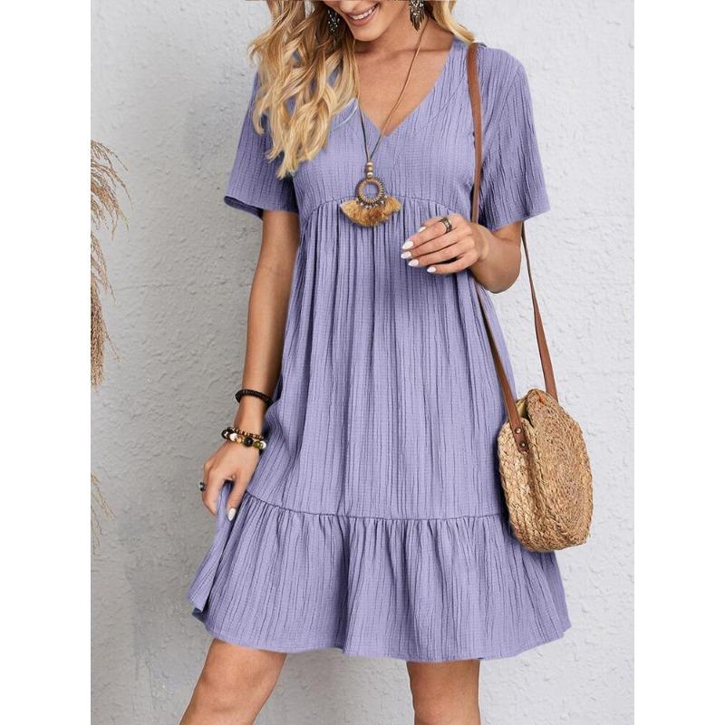 QICED Abiti casual da donna a maniche corte con scollo a V, tinta unita o stampati, per estate e primavera