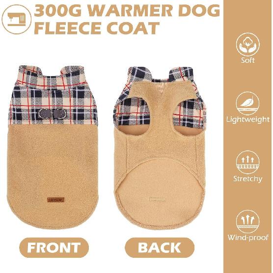 EXPAWLORER Fleece Dog Sweater - Classic Plaid Dog Jacket, Winter Coat Vest with 2 D-Rings for Leash, Pet Cold Weather Clothes, Sweatershirt for Boys
