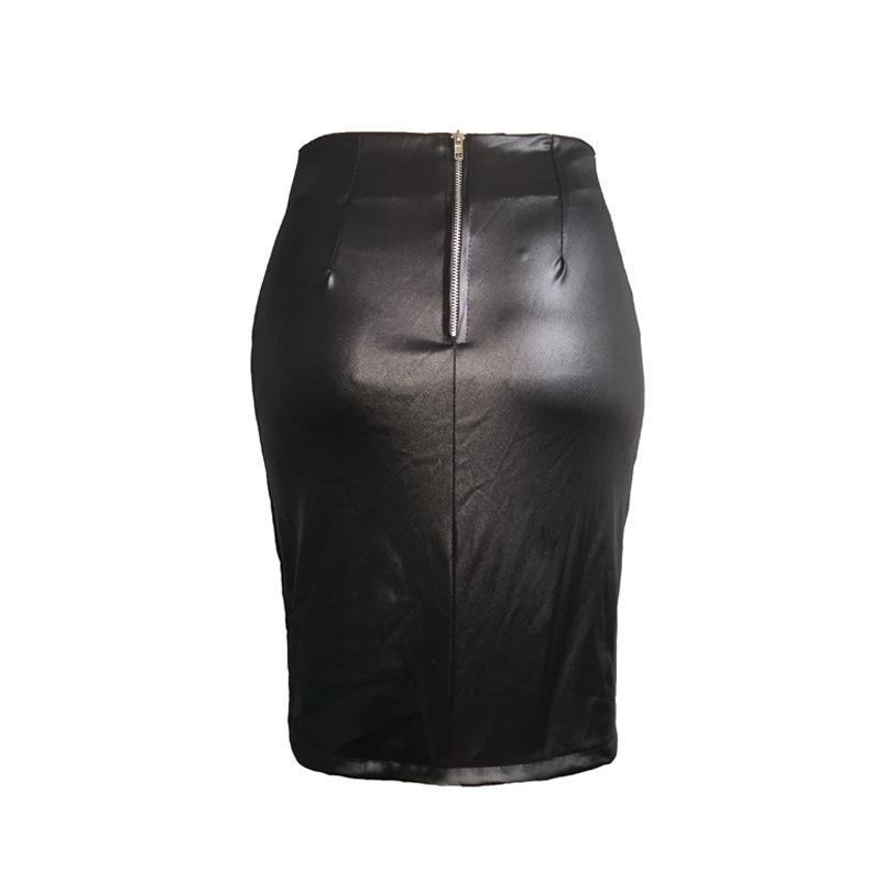 European and American Women's Black Faux PU Leather High Waist Eyelet Midi Skirt