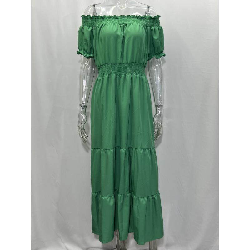 Off Shoulder Maxi Dress Short Sleeve Smocked Elastic High Waist Tiered Ruffle Flowy A-Line Casual Beach Vacation Daily Wear Solid Color Long Dress