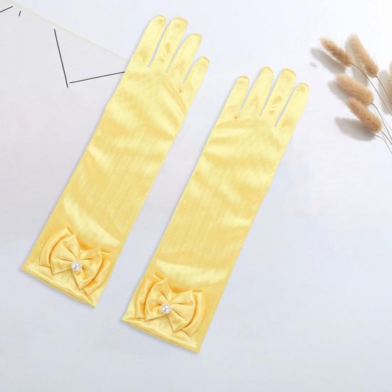 1 Pair Children Performance Gloves Faux Pearl Bow Decor Solid Color Full Fingers Satin Flower Girls Gloves Princess Style Cosplay Gloves