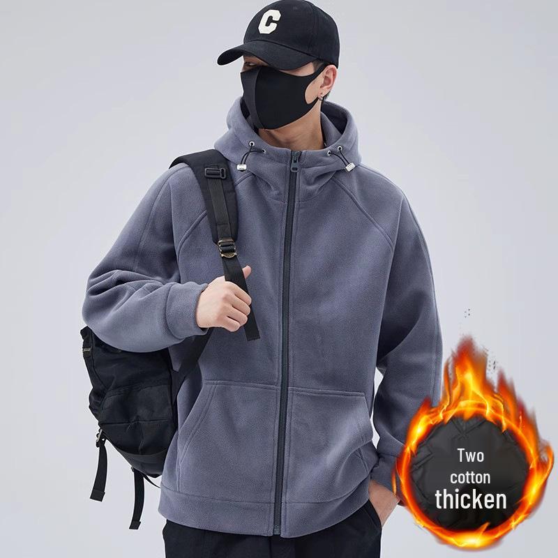 Men's Fleece Hooded Cardigan Sweatshirt: Solid Color, Padded & Thickened for Spring, Autumn & Winter 2025.