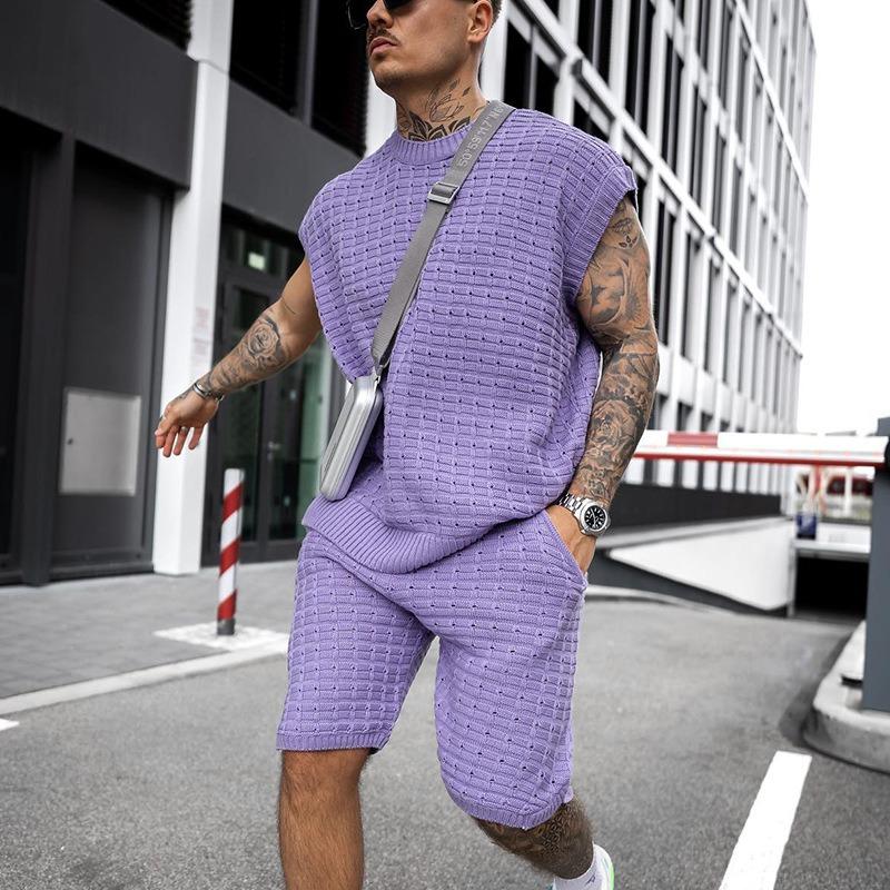 

Mens Purple Waffle Knit Sleeveless Top And Shorts Two Piece Set S фиолетовый