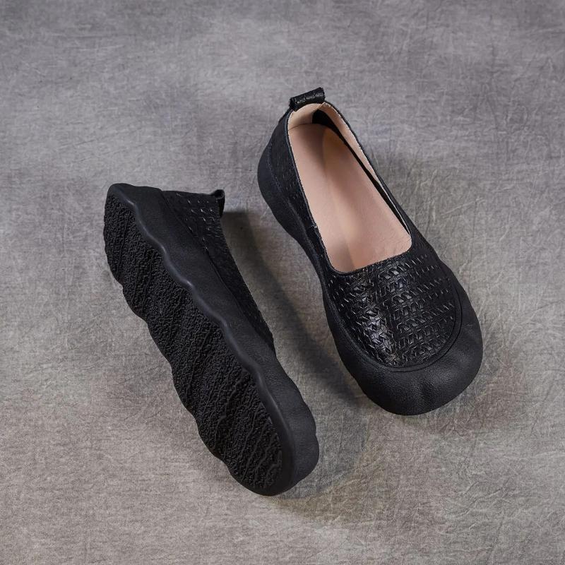 Johnature Genuine Leather Woven Retro Soft Soled Loafers Comfortable Shallow Women's Slip-on Shoes