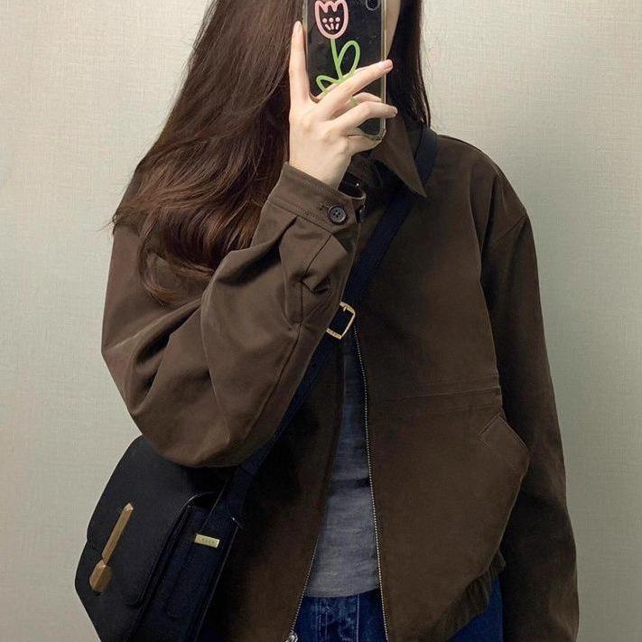 2025 Autumn/Winter Women's Coffee Zipper Cardigan Motorcycle Jacket