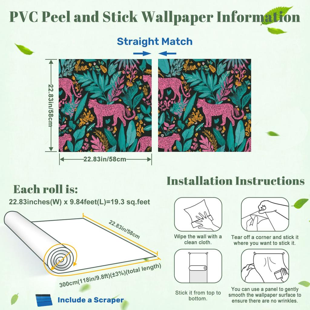 Leopard Tropical Leaves Bright Wallpaper 22.83"X118" Waterproof Wallpaper for Living Room/Bedroom/Bathroom PVC Wall Sticker