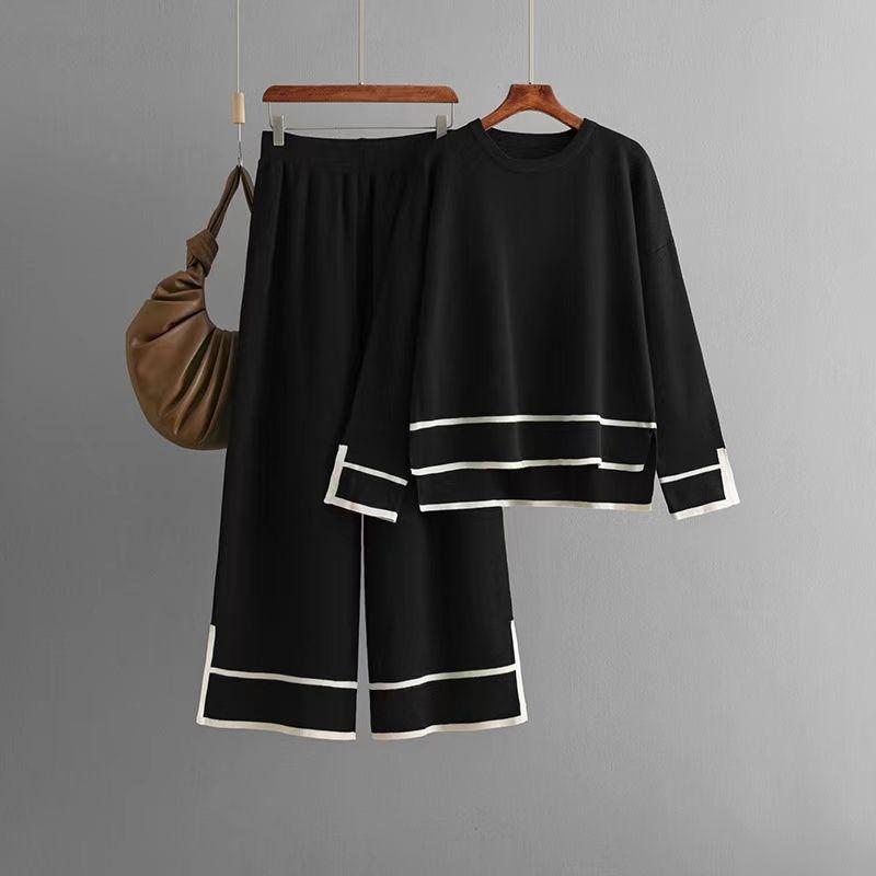 

European and American Contrast Color Slit Knit sweater Wide Leg Pants Set Knited Sweater and Pants Set Black All yards