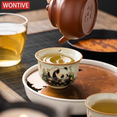 1 Pc Chinese Tradition Ru Kiln Ceramic Tea Cup Hand-painted Cute Pandas Tea Bowl Handmade Teacup Exquisite Household Tea Set