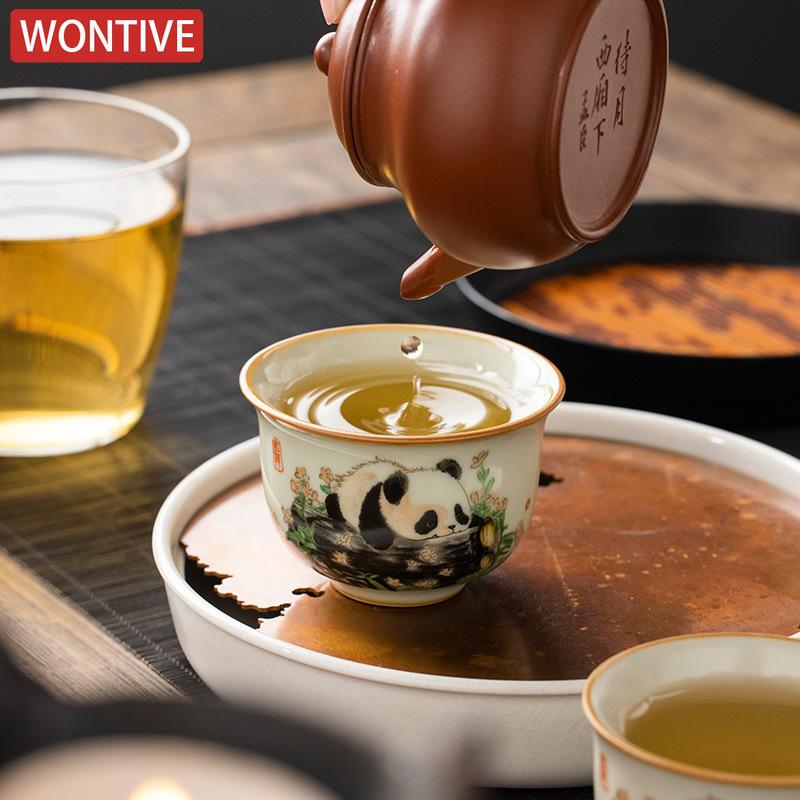 1 Stk. Chinesische Tradition Ru Ofen Keramik Teetasse Handbemalt Niedliche Pandas Teeschale Handgefertigte Teetasse Exquisites Haushalts-Teeset