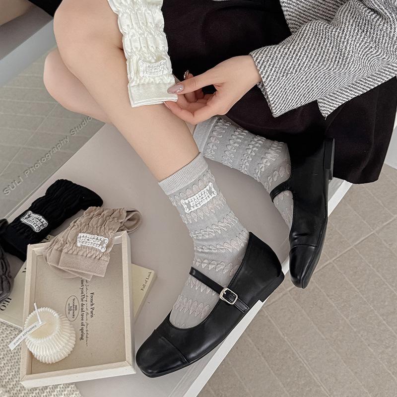 Female Spring and Autumn Pure Color Lace Cloth Standard Pleated Texture In The Tube Pile Socks