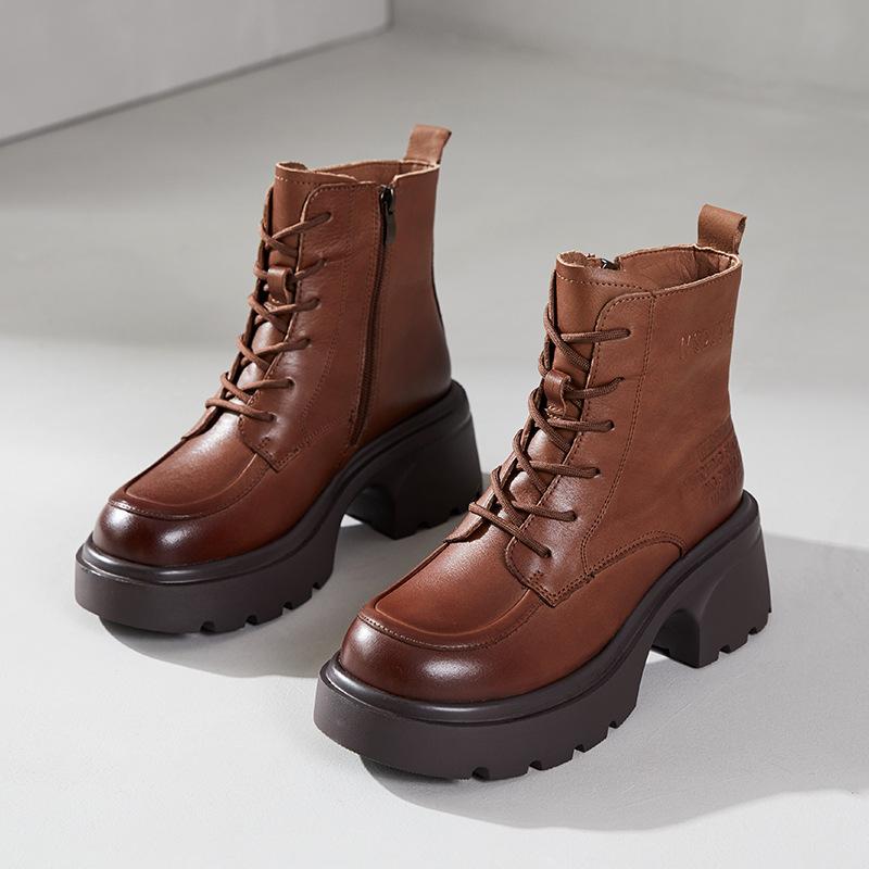 

Первый слой коровьей кожи ботинки Мартин для женщин на осень и зиму 2025 года, новые кожаные ретро ботильоны на шнуровке на толстой пеночной подошве 40