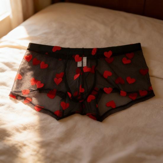 Men Boxer Underwear Elastic Mid-rise Perspective Hollow Mesh Design Boxer Briefs Heart Pattern Underwear Anniversary Gift