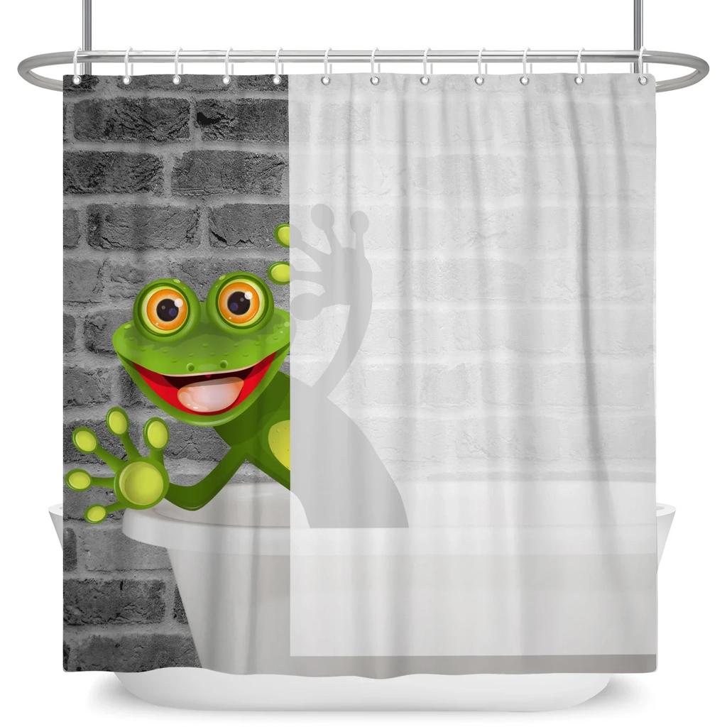 Funny Frog Cartoon Shower Curtain Sets Leaf Animal Creative Children Bathroom Decor Waterproof Fabric Home Hooks Bath Curtains