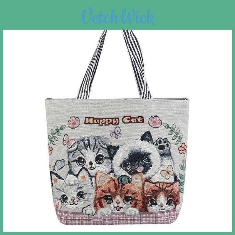 Cat Canvas Tote Bag With Embroidery For Casual Travel And Shopping