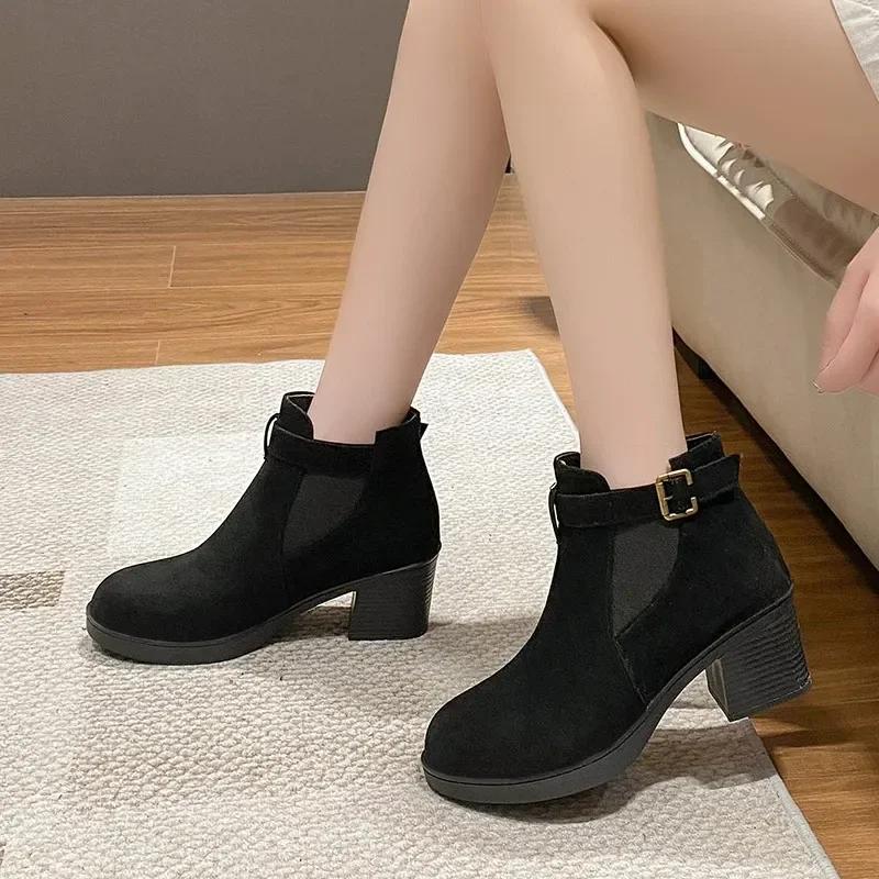 

Жіночі високі підбори черевики до щиколотки снігові замшеві масивні туфлі зимові дизайнерські нові елегантні готичні туфлі-човники туфлі для сукні черевики челсі 35 чорний