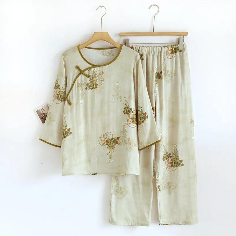 Bamboo Fiber Sleepwear Clothes for Women Spring and Summer Cute Sweet Printed Casual Long Sleeved Long Pants Pyjama Set