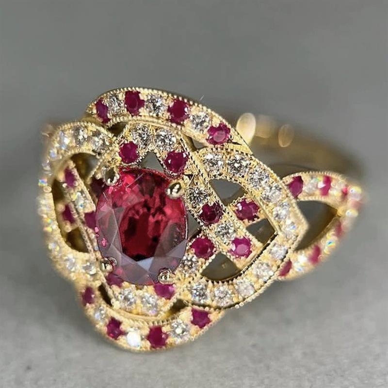 Huitan Delicate Gold Color Women Ring Inlaid Oval Red Shiny CZ Fashion Accessories for Wedding Party Noble Engagement Jewelry