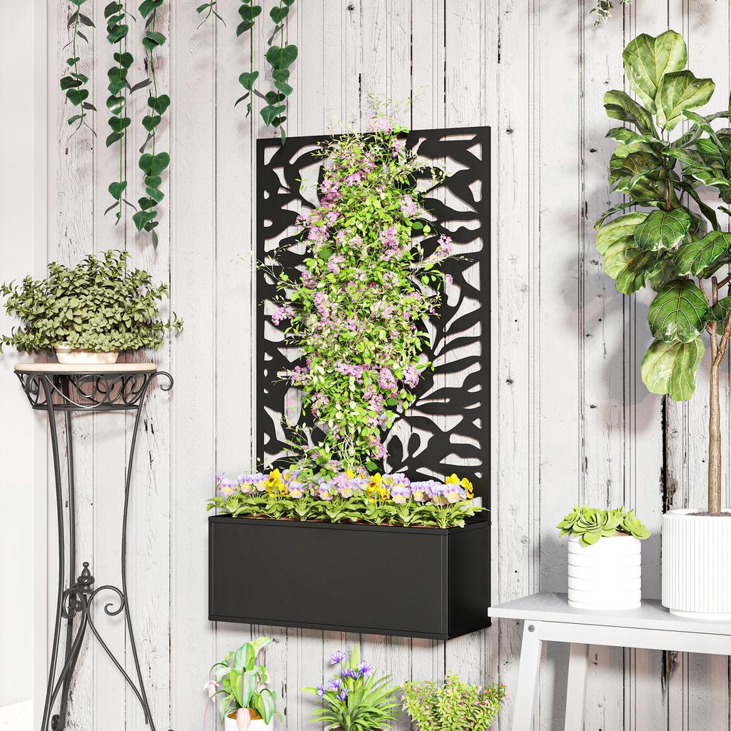 Metal Garden Bed with Trellis, Wall Mounted or Freestanding Raised Planter with Privacy Panel, Black