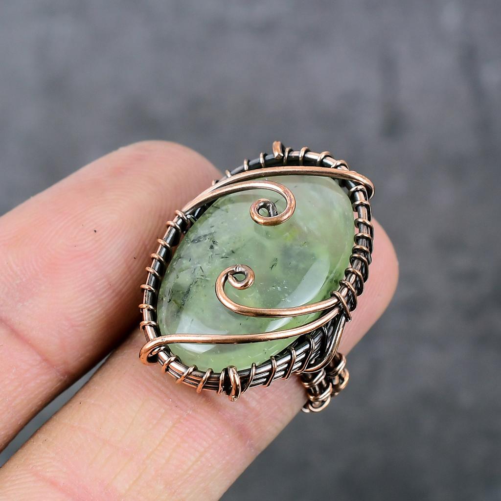 Natural Prehnite Gemstone Copper Wire Wrap Gift Jewelry Ring Size 6.5 ET-3447