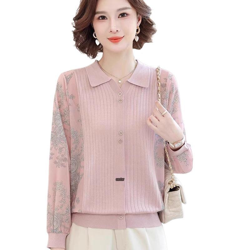 Frühling 2025 Damen Langarm Strick-T-Shirt mit Gazeärmeln für Mütter mittleren und höheren Alters
