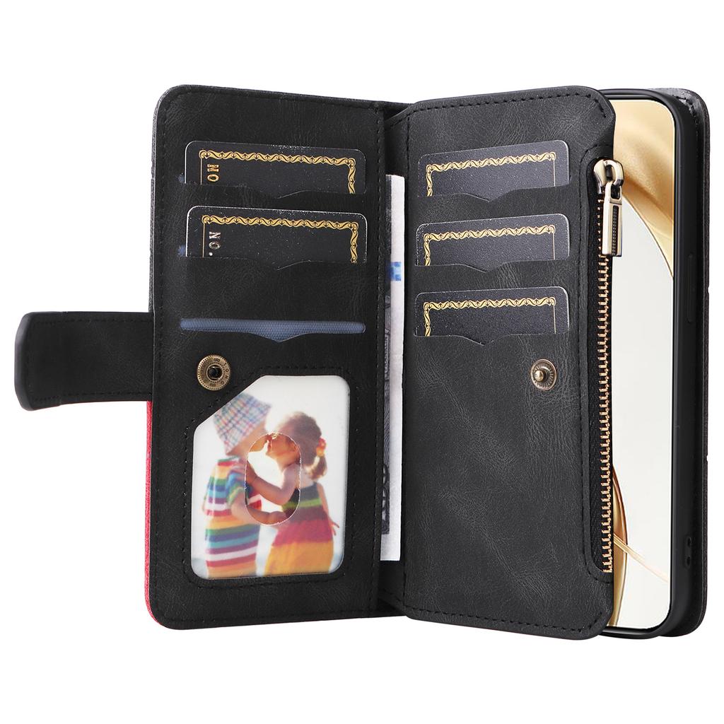 For Honor 200 5G Leather Case with Strap Zipper 9 Card Slot Phone Cover Stand