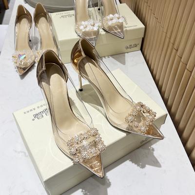Ny Stil Transparent Sömnadsmaterial Hög Klack Stilett Spetsig Tå Kristall Strass Grund Pump Bröllopsbrud Höga Klackar