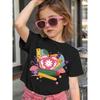 Girls Summer Crew Neck Short Sleeve T-Shirt with Cartoon Stationery Print