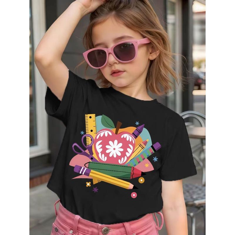 Girls Summer Crew Neck Short Sleeve T-Shirt with Cartoon Stationery Print