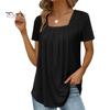 Summer Casual T-shirt Square Collar Short Sleeve Pleated Tee Shirt Solid Color Loose Fit A-Line Home Date Office Tops