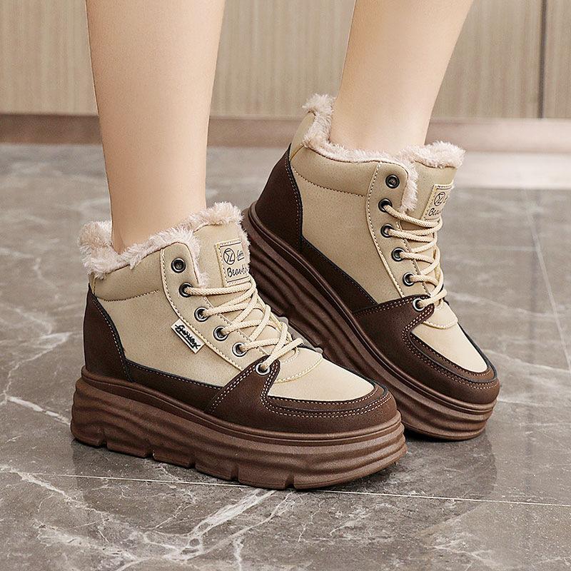 Soft leather high-top shoes women's platform white shoes autumn and winter new velvet thickened warm cotton shoes casual sports shoes