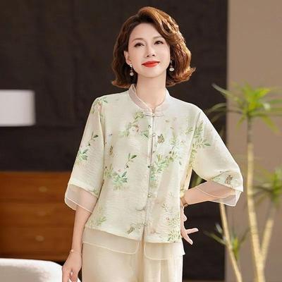 Womens Light Green Floral Mandarin Collar Half Sleeve Chiffon Blouse Elegant Loose Daily Summer Top