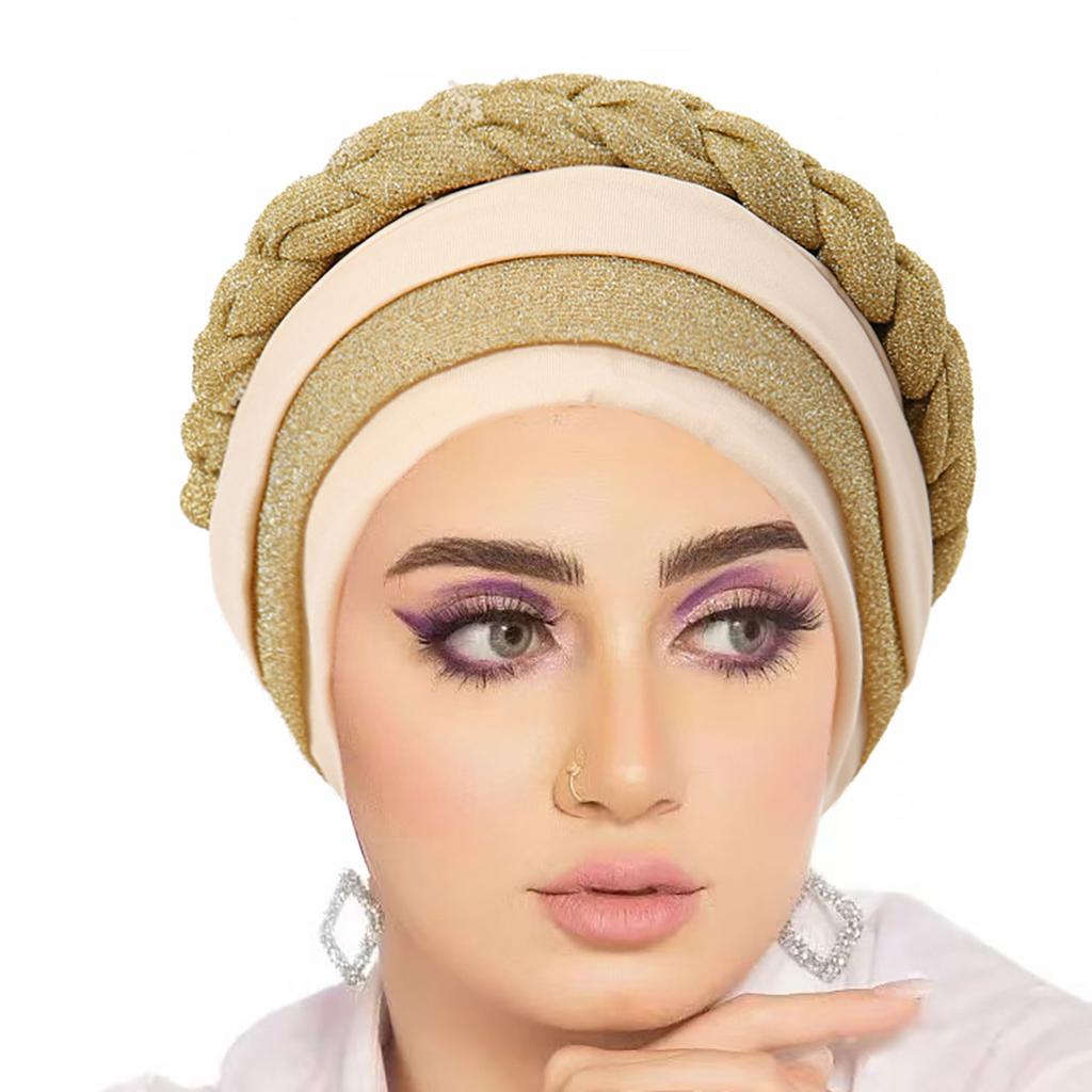 Glitter Pleated Turban Cap for Women Head Wraps Muslim Headscarf Hat Turbante Mujer African Headpiece