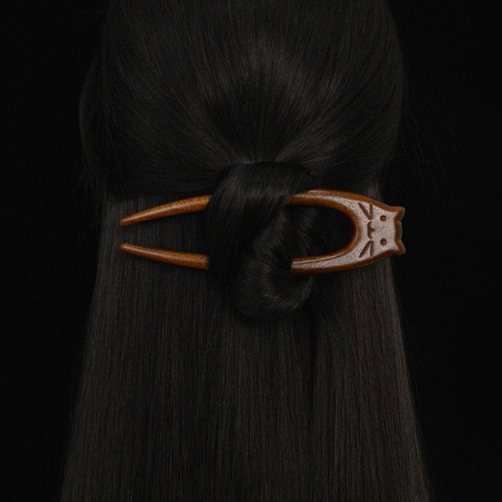 Wooden Cat Pattern Hair Sticks Chinese Style Hanfu Hairpin New U Shaped Hair Forks  Women Girls