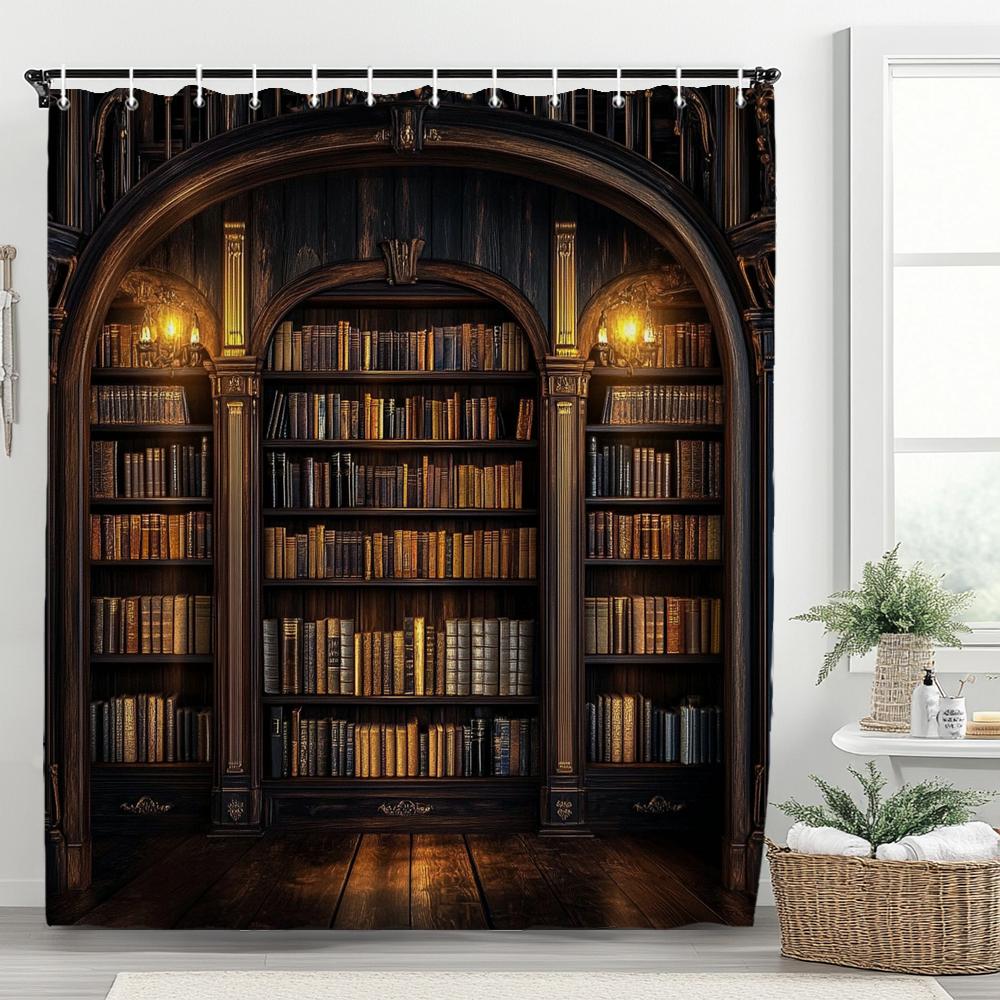 1pc Vintage Library Shower Curtain Old Book Bookshelf Candles Home Polyester Fabric Bathroom Decorative Home Curtain With Hooks