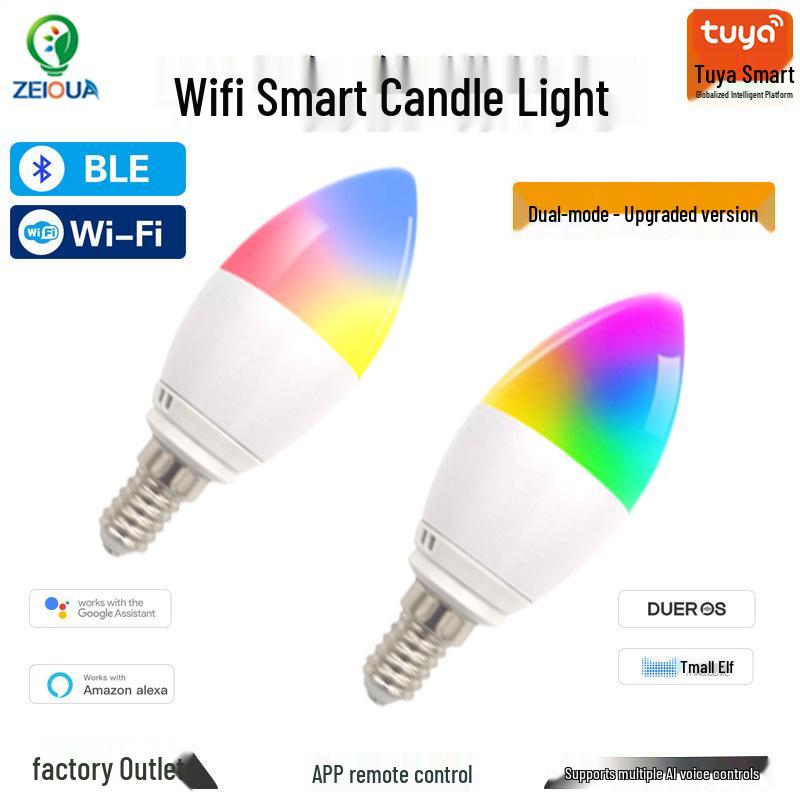 

Умная WiFi свеча Tuya: Управляемый голосом, диммируемый, меняющий цвет RGBCW светодиод. Tuya Bluetooth Mesh CCT+RGB