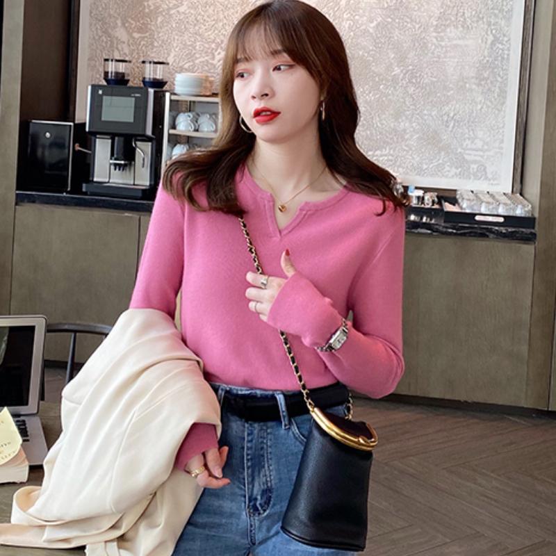 

Осенний вязаный свитер с длинным рукавом и V-образным вырезом для женщин, зимний облегающий однотонный пуловер, свитера, топы, элегантный повседневный теплый модный трикотаж 24877 One Size розы красного