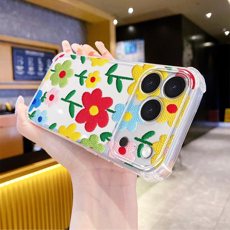 Retro Style Imitation Embroidery Colored Flowers Apple 14pm Mobile Phone Case iPhone17 Anti-drop Transparent Soft Case Protective Case