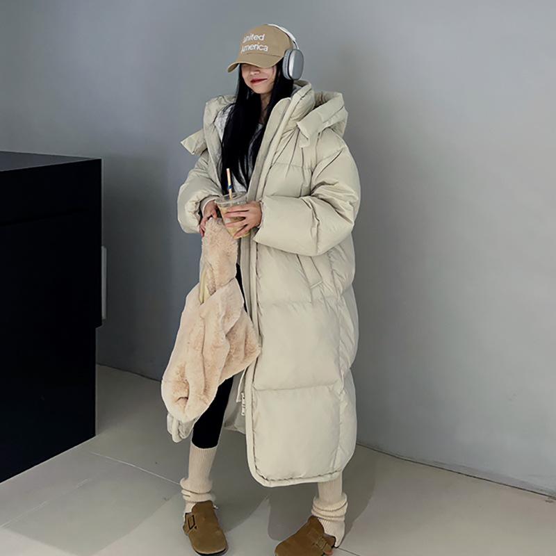 

Модная удлиненная куртка-пуховик женская 2025 зима двухбортная утолщенная большая стеганая белая утка пух куртка до колена тренд S