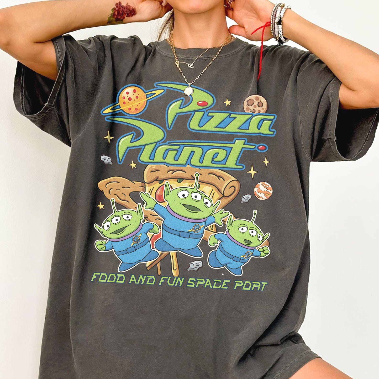 Pizza Planet Aliens Shirt, Toy Story Retro Space Port Graphic Tee, Disneyland Gift L
