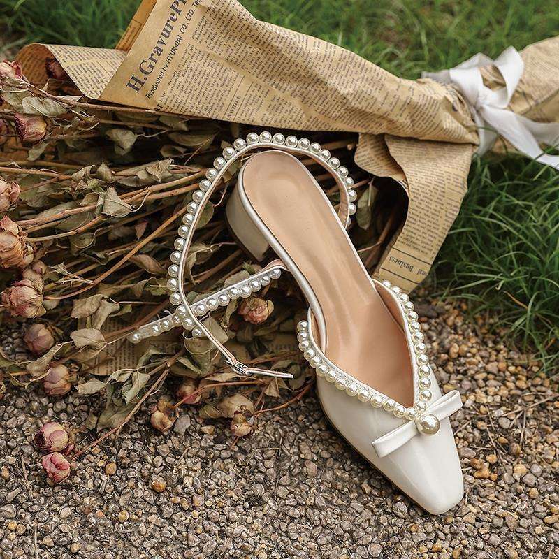 French girl bow pearl bag head single shoes women's heel thick heel retro Mary Jane shoes 2025 new sandals