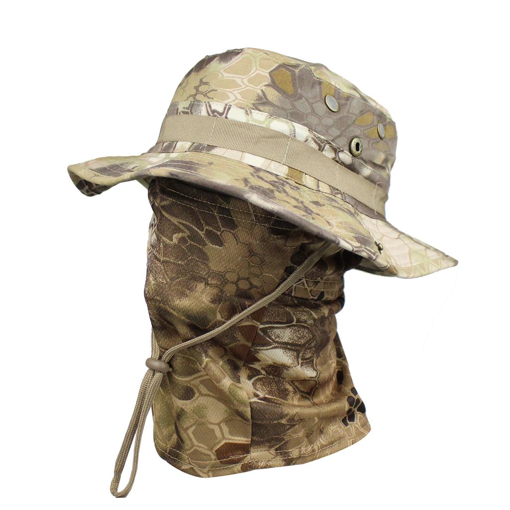Camouflage Fischerhut mit Gesichtsmaske 2er Set Outdoor Taktischer Anglerhut Sommer Sonnenschutz für Wandern Training