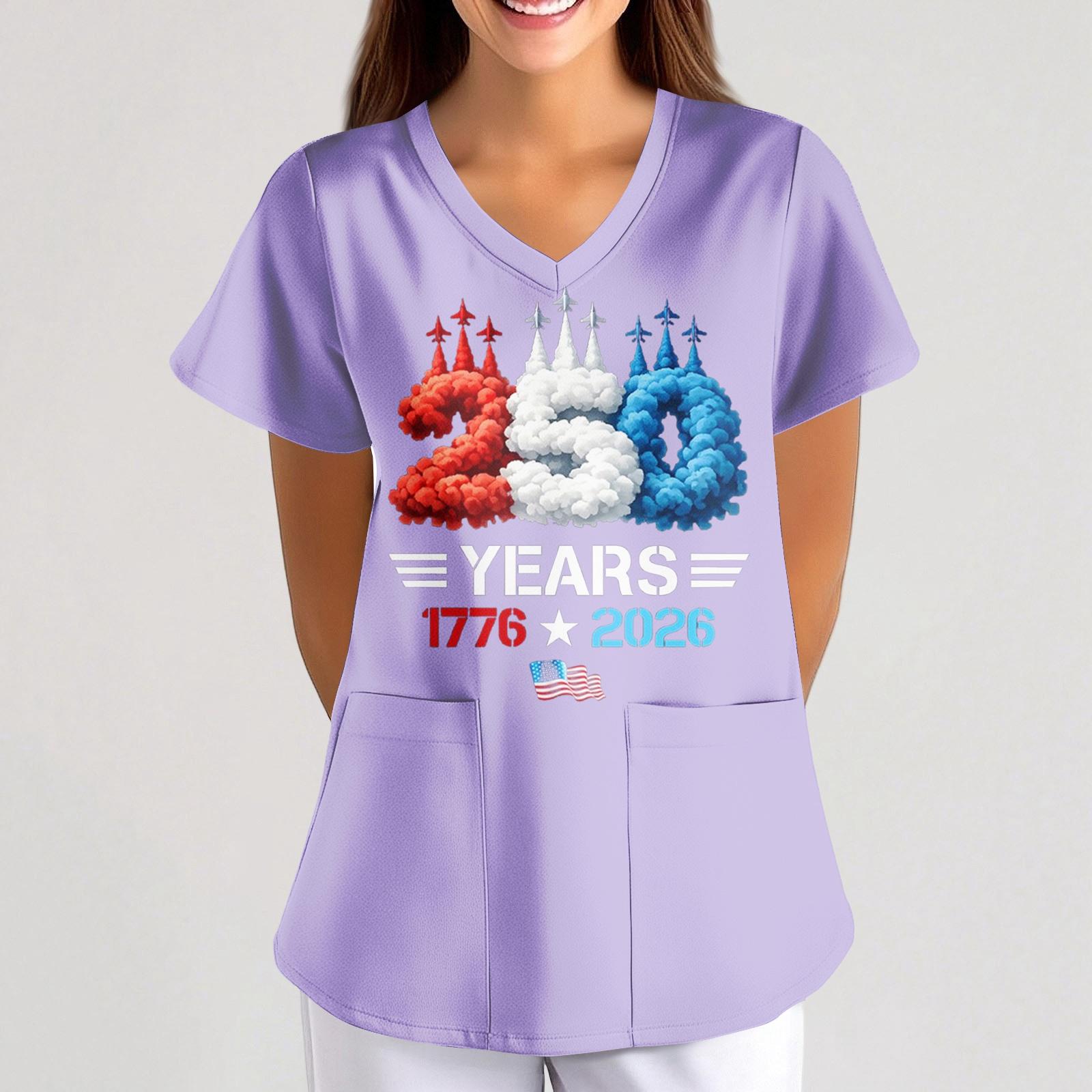 Women s Independence Day Printed Loose V-Neck Pocket Short-Sleeve Caregiver/Uniform S фиолетовый