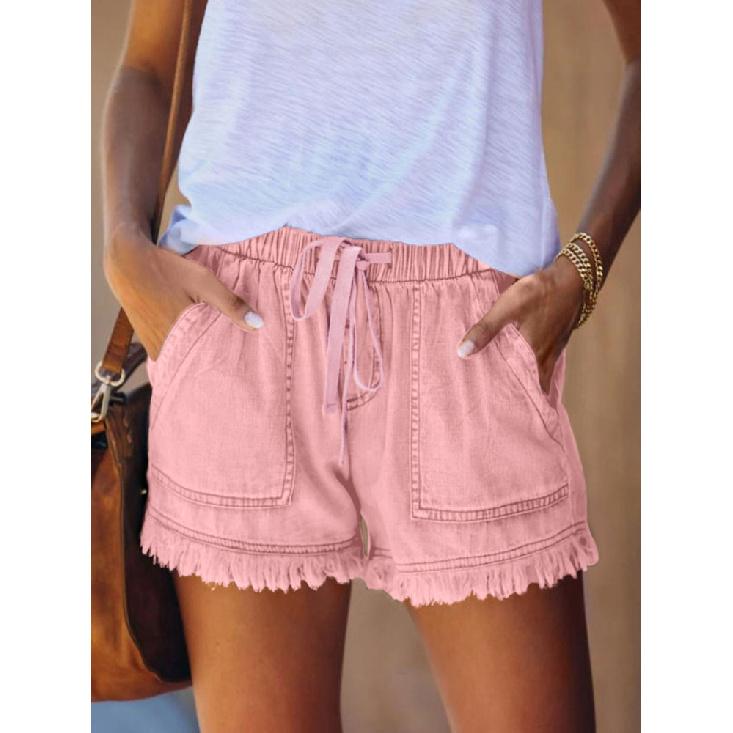 New Elastic Waist Casual High Waist Loose Slimming Fringe Denim Shorts For Women
